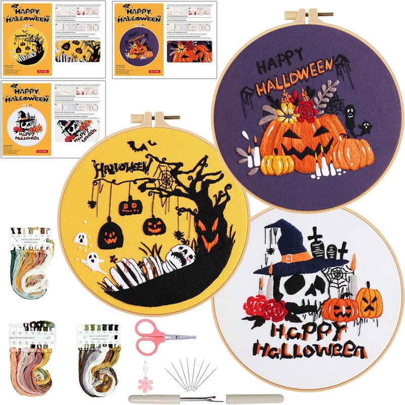 Ohcol 3 Sets Halloween Embroidery Kit,Needlepoint Kits for Adults with Clear Instructions - Image 1